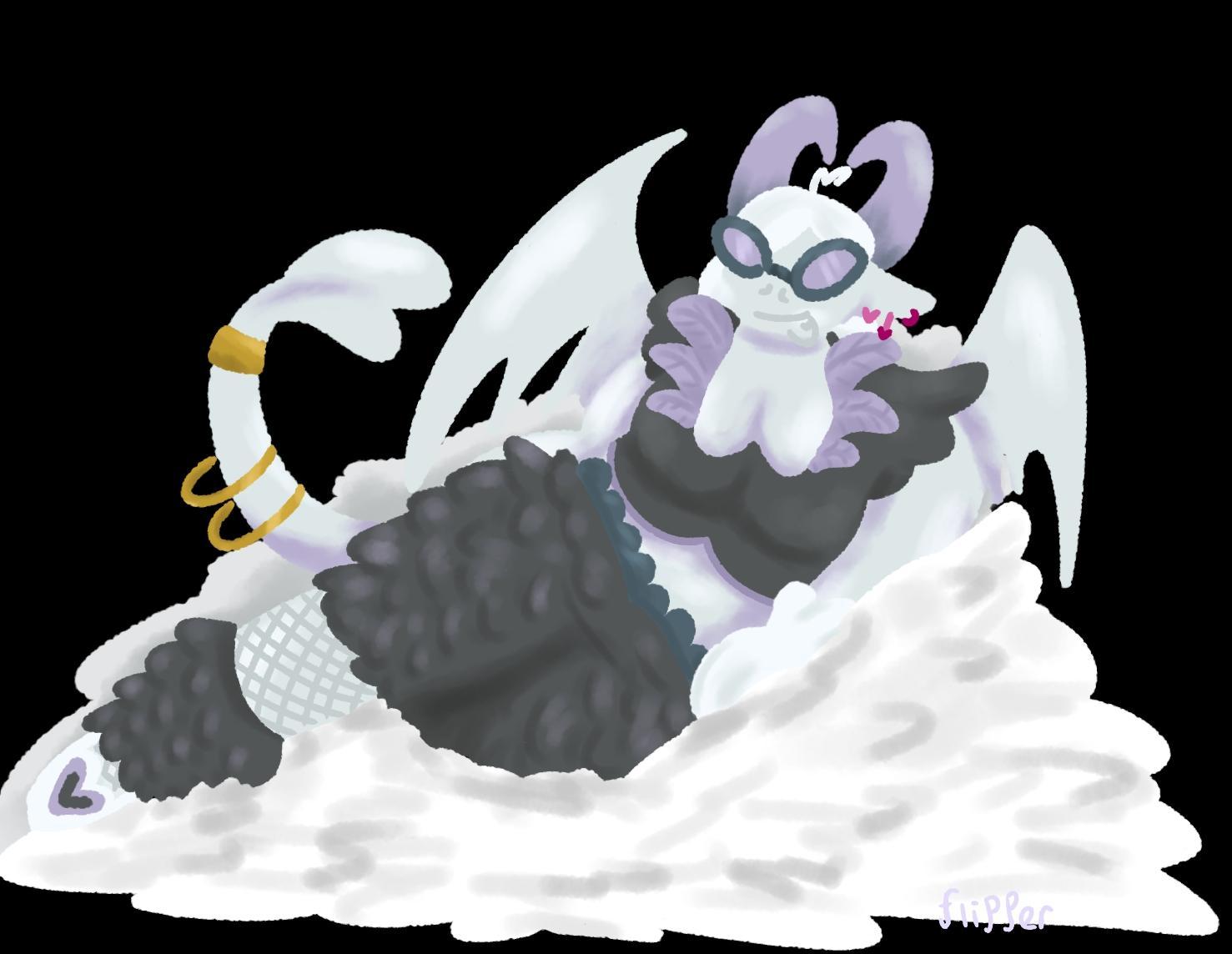 a demon laying on a pile of feathers wearing dark feathery clothing