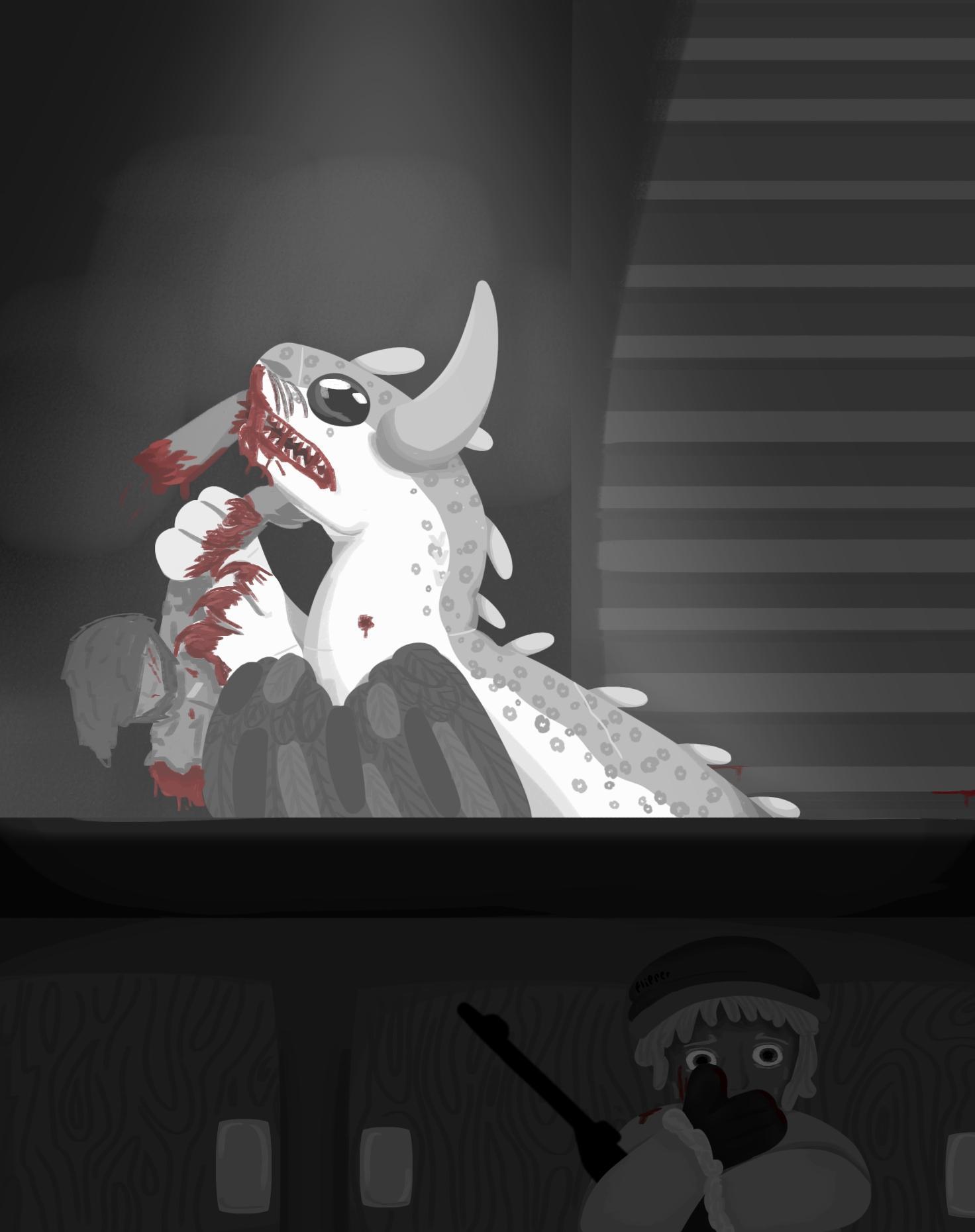 a creature of some kind with sharp teeth and large horns eating a man while his daughter hides behind cabinets